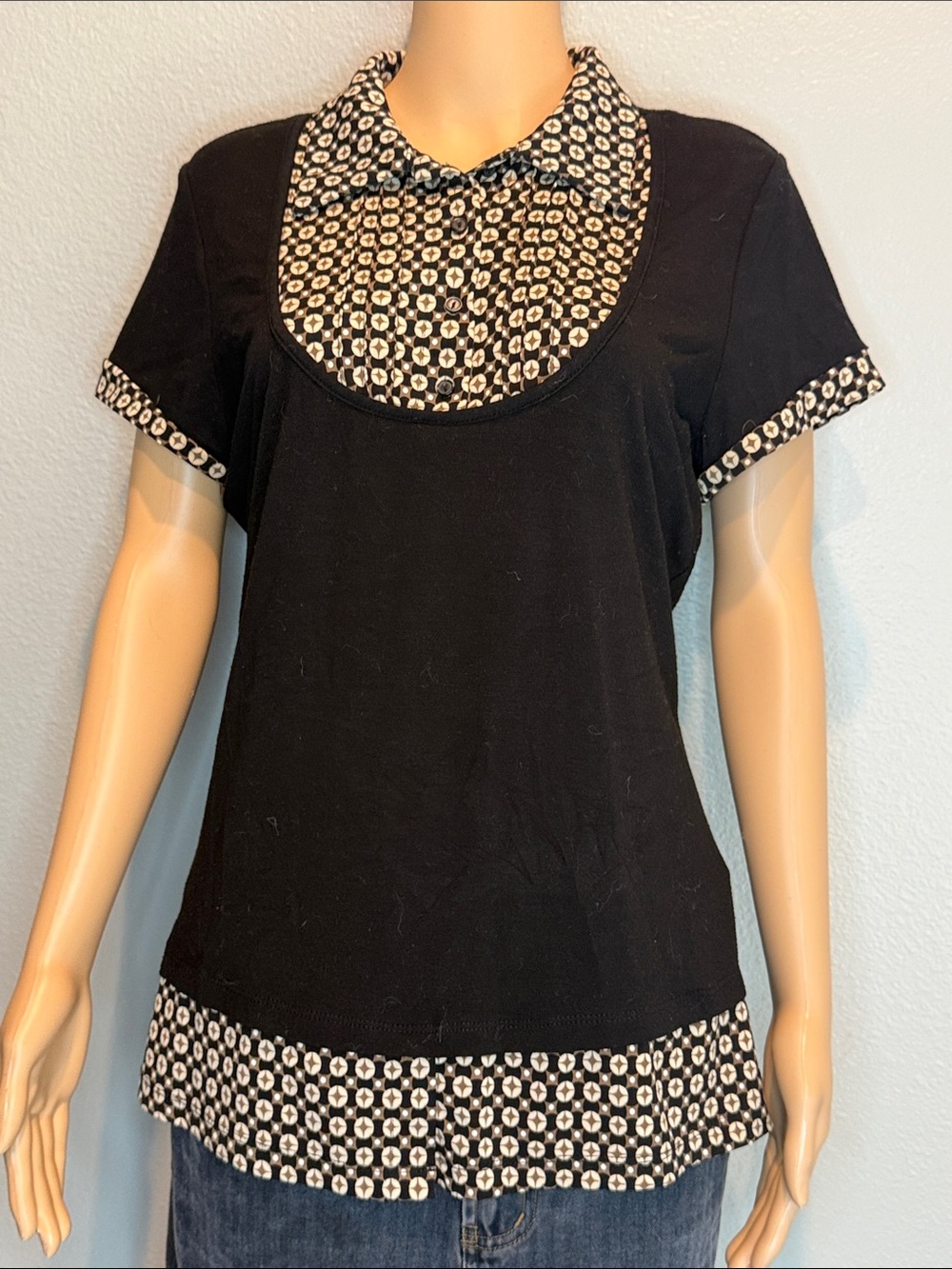 dressbarn Black Short Sleeve Top with Geometric Trim